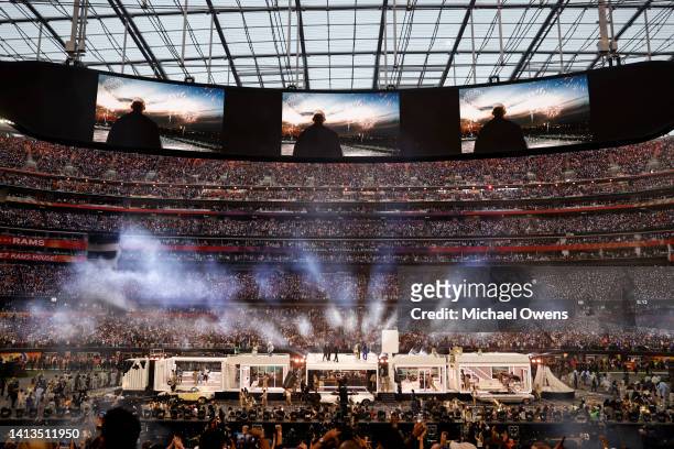 Eminem, Kendrick Lamar, Dr. Dre, Mary J. Blige, 50 Cent and Snoop Dogg perform at the halftime show during the NFL Super Bowl 56 football game, at...