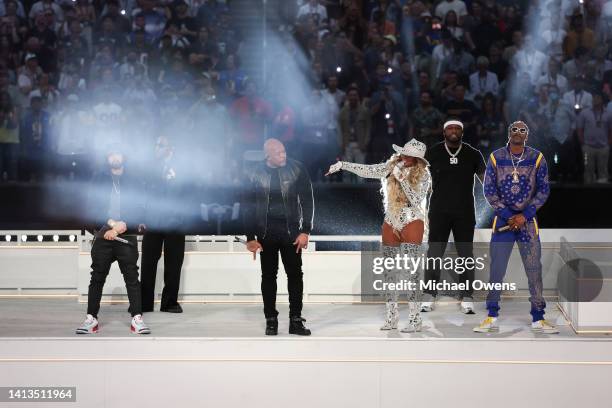 Eminem, Kendrick Lamar, Dr. Dre, Mary J. Blige, 50 Cent and Snoop Dogg perform at the halftime show during the NFL Super Bowl 56 football game, at...