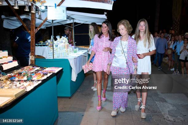 Crown Princess Leonor of Spain, Queen Letizia of Spain, Queen Sofia and Princess Sofia of Spain are seen visiting the Paseo de Sagrera market on...