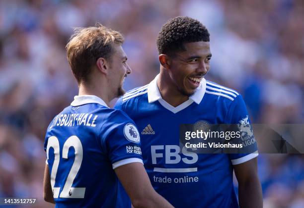 Kiernan Dewsbury-Hall of Leicester City celebrates scoring their team's second goal with team mate Wesley Fofana during the Premier League match...