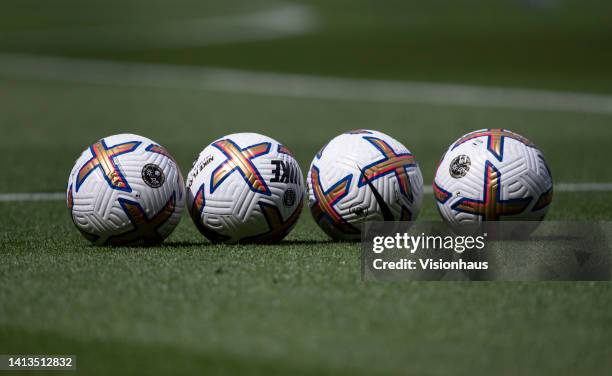 Official Premier League 2022/23 Nike match balls lined up ahead of the Premier League match between Leicester City and Brentford FC at The King Power...