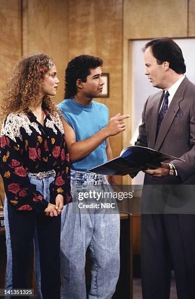 The Fabulous Belding Boys" Episode 15 -- Air Date -- Pictured: Elizabeth Berkley as Jessie Spano, Mario Lopez as A.C. Slater, Dennis Haskins as Mr....