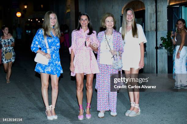 Crown Princess Leonor of Spain, Queen Letizia of Spain, Queen Sofia and Princess Sofia of Spain leave the Beatnik restaurant on August 07, 2022 in...