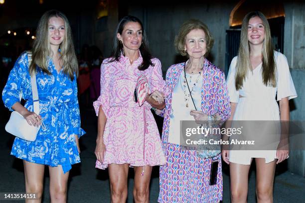 Crown Princess Leonor of Spain, Queen Letizia of Spain, Queen Sofia and Princess Sofia of Spain leave the Beatnik restaurant on August 07, 2022 in...