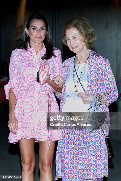 Queen Letizia of Spain and Queen Sofia leave the Beatnik restaurant on August 07, 2022 in Palma de Mallorca, Spain.