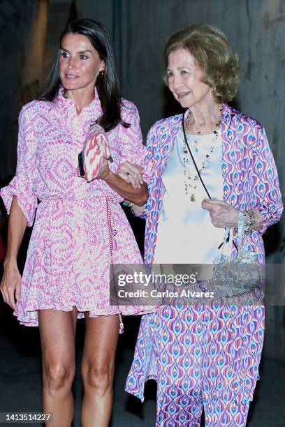 Queen Letizia of Spain and Queen Sofia leave the Beatnik restaurant on August 07, 2022 in Palma de Mallorca, Spain.