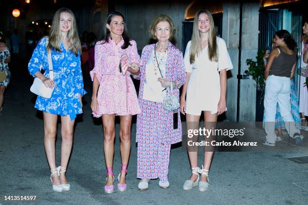 Crown Princess Leonor of Spain, Queen Letizia of Spain, Queen Sofia and Princess Sofia of Spain leave the Beatnik restaurant on August 07, 2022 in...