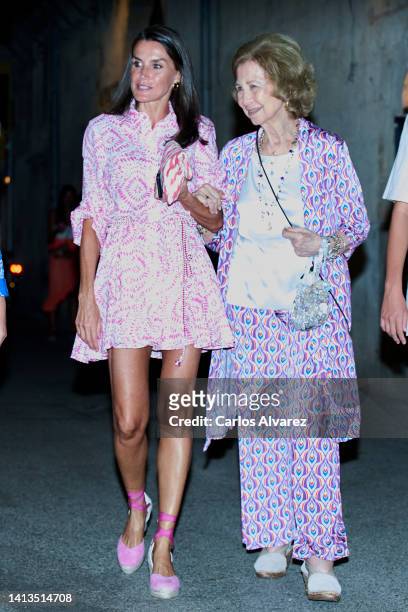 Queen Letizia of Spain and Queen Sofia leave the Beatnik restaurant on August 07, 2022 in Palma de Mallorca, Spain.