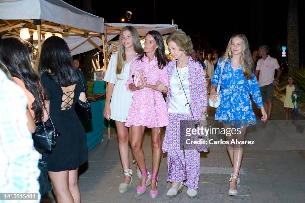 Princess Sofia of Spain, Queen Letizia of Spain, Queen Sofia and Crown Princess Leonor of Spain are seen visiting the Paseo de Sagrera market on...