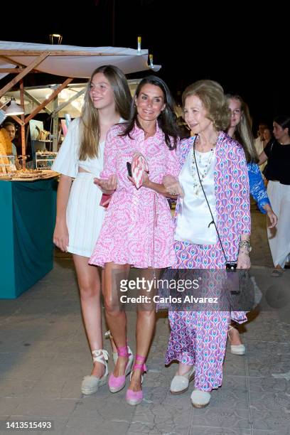 Princess Sofia of Spain, Queen Letizia of Spain, Queen Sofia and Crown Princess Leonor of Spain are seen visiting the Paseo de Sagrera market on...