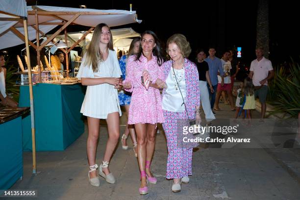 Princess Sofia of Spain, Crown Princess Leonor of Spain, Queen Letizia of Spain and Queen Sofia are seen visiting the Paseo de Sagrera market on...