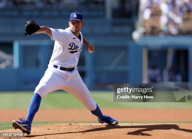 Tyler Anderson of the Los Angeles Dodgers pitches during the first inning against the San Diego Padres at Dodger Stadium on August 07, 2022 in Los...