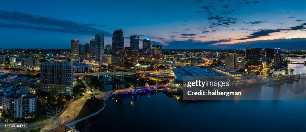 Aerial Panorama of Sun Rising Behind Downtown Buildings in Tampa, Florida