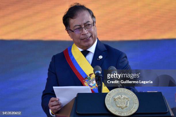 President of Colombia Gustavo Petro speaks during the presidential inauguration at Plaza Bolivar on August 07, 2022 in Bogota, Colombia. Leftist...