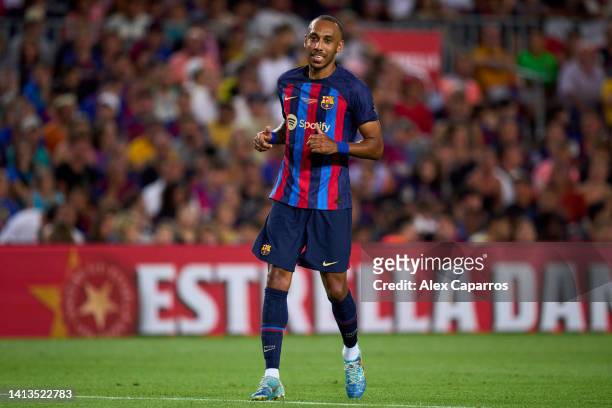 Pierre-Emerick Aubameyang of FC Barcelona smiles during the Joan Gamper Trophy match between FC Barcelona and Pumas UNAM at Spotify Camp Nou on...