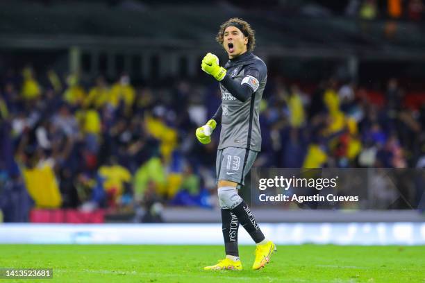 Guillermo Ochoa of America celebrates the second goal of his team during the 7th round match between America and FC Juarez as part of the Torneo...
