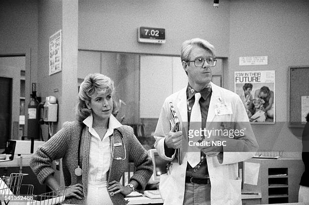 Cheers" Episode 24 -- Pictured: Jennifer Savidge as Nurse Lucy Papandrao, Ed Begley Jr. As Doctor Victor Ehrlich -- Photo by: David Sutton/NBCU Photo...