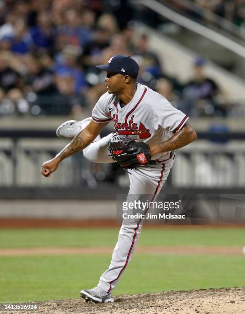 Raisel Iglesias of the Atlanta Braves in action against the New York Mets at Citi Field on August 05, 2022 in New York City. The Braves defeated the...