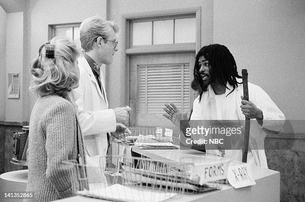 Cheers" Episode 24 -- Pictured: Jennifer Savidge as Nurse Lucy Papandrao, Ed Begley Jr. As Doctor Victor Ehrlich, Richard Lawson -- Photo by: David...