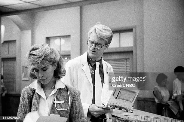 Cheers" Episode 24 -- Pictured: Jennifer Savidge as Nurse Lucy Papandrao, Ed Begley Jr. As Doctor Victor Ehrlich -- Photo by: David Sutton/NBCU Photo...