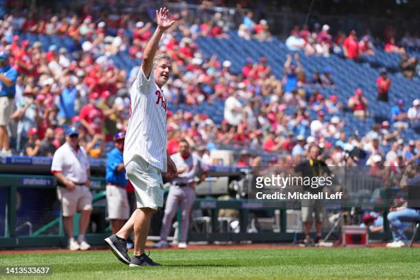Former pitcher Jamie Moyer of the Philadelphia Phillies salutes the crowd prior to the game against the Washington Nationals at Citizens Bank Park on...