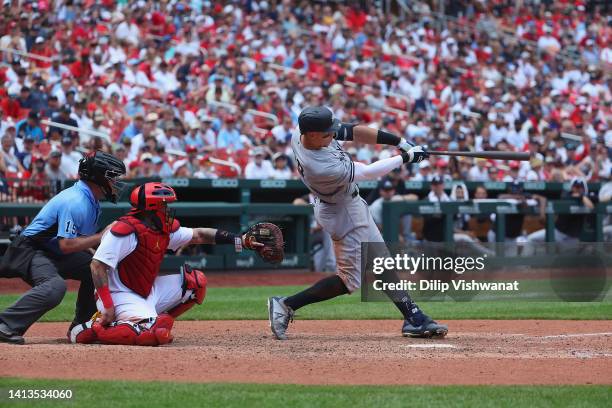 Aaron Judge of the New York Yankees bats against the St. Louis Cardinals at Busch Stadium on August 7, 2022 in St Louis, Missouri.