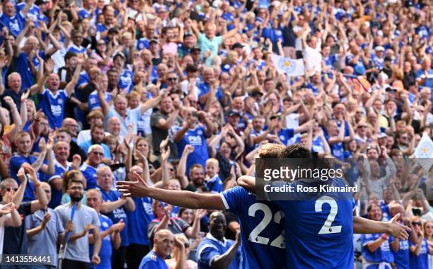 Kiernan Dewsbury-Hall of Leicester celebrates with James Justin of Leicester after scoring their second goal during the Premier League match between...