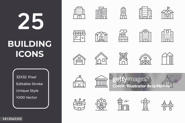 stockillustraties, clipart, cartoons en iconen met buildings line icon set - reuzenrad