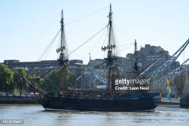 The Götheborg of Sweden sailing ship is seen near Tower Bridge on August 08, 2022 in London, England. The vessel, which is a replica of a ship that...