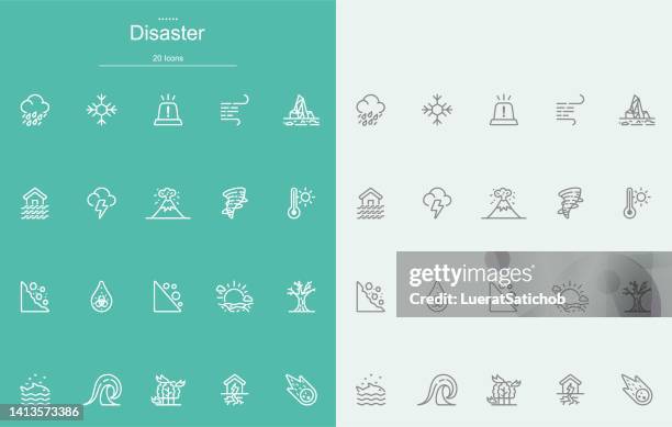 disaster line icons - floods and drought 幅插畫檔、美工圖案、卡通及圖標