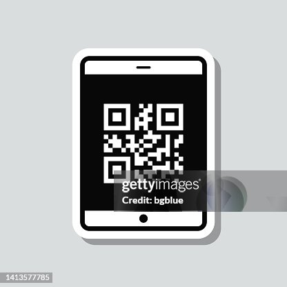 Tablet PC with QR code. Icon sticker on gray background Tablet PC with QR code. Icon sticker on gray background