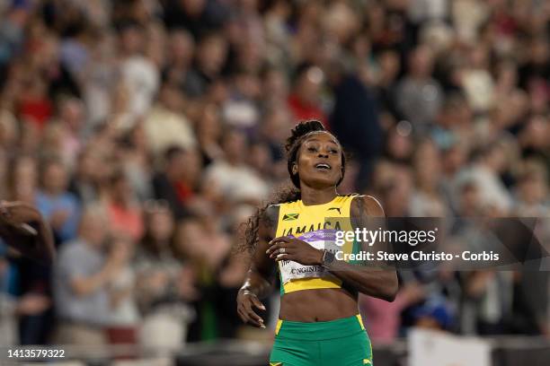 Elaine Thomson-Herah of Jamaica wins gold in the women's 200m final during the athletics on day nine of the Birmingham 2022 Commonwealth Games at...