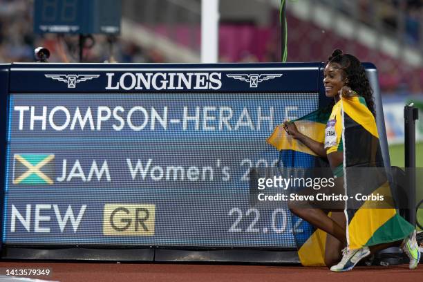 Elaine Thomson-Herah of Jamaica wins gold in the women's 200m final during the athletics on day nine of the Birmingham 2022 Commonwealth Games at...