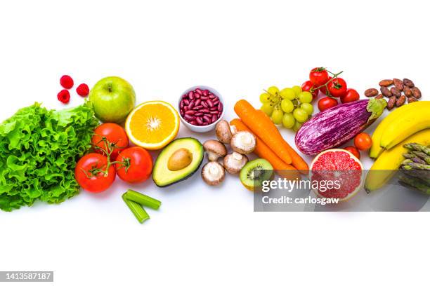 fresh multicolored fruits and vegetables on white background - 水果 個照片及圖片檔