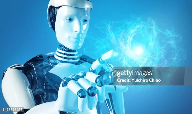 robot touching virtual data - robotics alive stock pictures, royalty-free photos & images