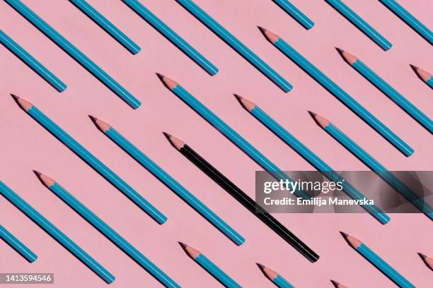 school supply. blue pencils on pink background - knolling concept stock pictures, royalty-free photos & images