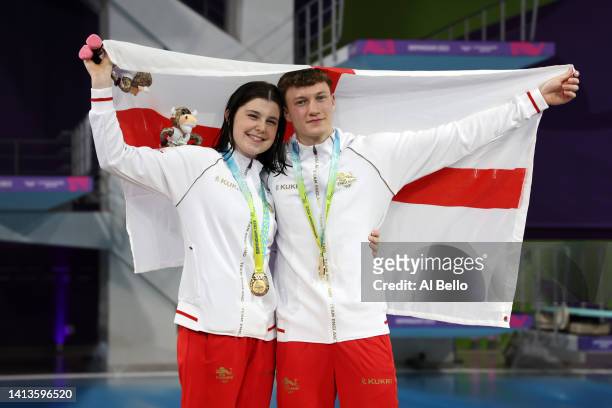 Gold medalists, Andrea Spendolini Sirieix and Noah Oliver Williams of Team England pose with their medals during the medal ceremony for the Mixed...