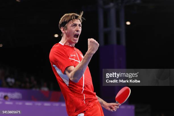 Liam Pitchford of Team England celebrates during the Table Tennis Men's Singles Gold Medal match against Sharath Kamal Achanta of Team India on day...