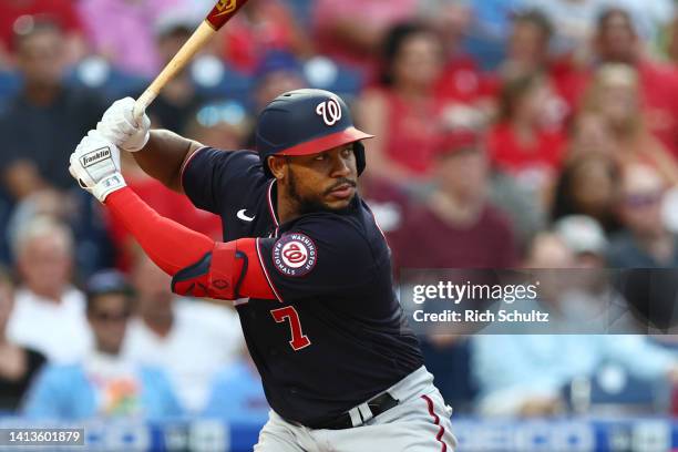 Maikel Franco of the Washington Nationals in action against the Philadelphia Phillies during a game at Citizens Bank Park on August 6, 2022 in...