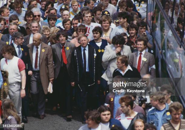 British politician Dennis Skinner and British trade unionist Arthur Scargill, National Union of Mineworkers leader, among people attending a rally in...