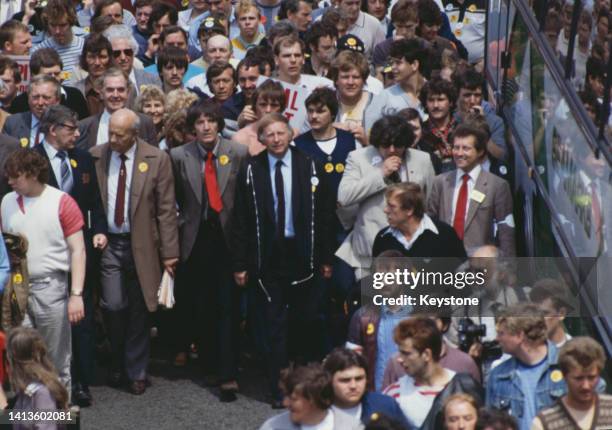 British politician Dennis Skinner and British trade unionist Arthur Scargill, National Union of Mineworkers leader, among people attending a rally in...