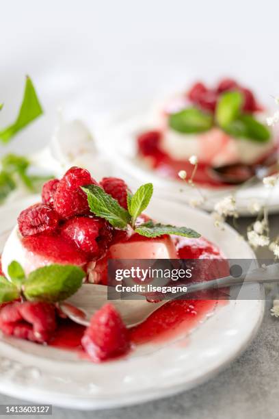 panna cota with raspberries - panna cotta imagens e fotografias de stock