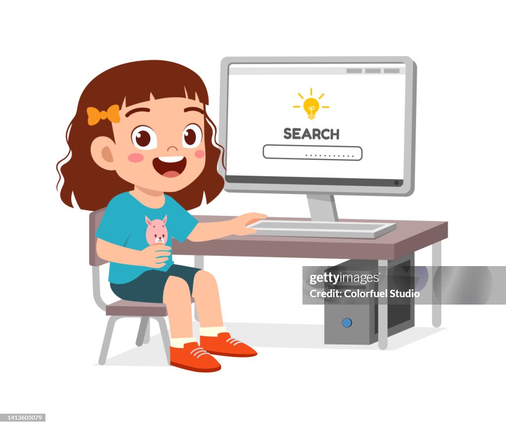 Little Kid Using Computer Cute Little Kid Use Computer To Study Internet High-Res Vector Graphic ...