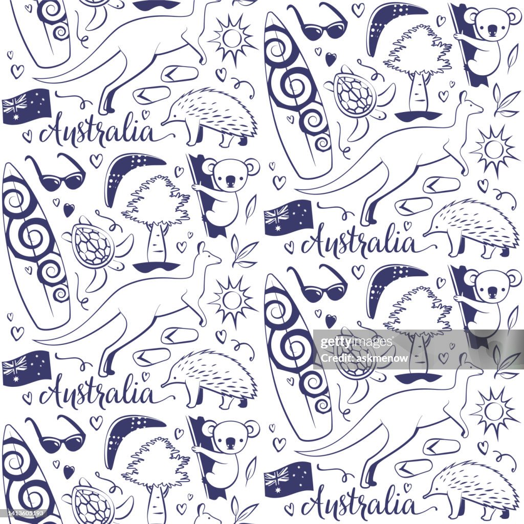 Monochromes nahtloses Muster mit australischen Symbolen