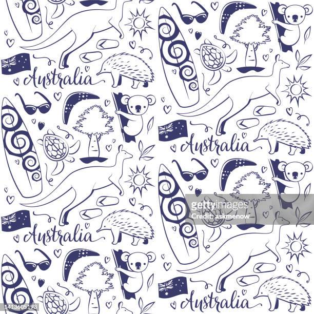 monochromes nahtloses muster mit australischen symbolen - reptile stock-grafiken, -clipart, -cartoons und -symbole