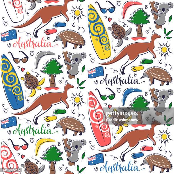 australian symbols on a seamless pattern - red flip flops isolated stock illustrations