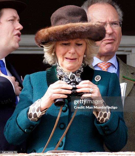 Camilla, Duchess of Cornwall uses a pair of binoculars as she watches the racing on day 2 'Ladies Day' of the Cheltenham Horse Racing Festival on...