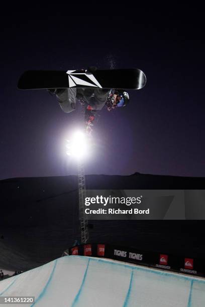 2nd place Kaitlyn Farrington from the USA rides the Superpipe during the Women Snowboard Superpipe Final of the Winter X-Games Europe on March 14,...