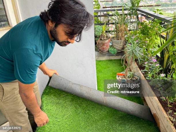 close-up image of indian man unfurling a roll of fake lawn turf, laying artificial grass on tiled residential balcony floor, wooden raised beds for potted plants, pigeon anti-bird netting, railings, low maintenance exterior design - turf bildbanksfoton och bilder