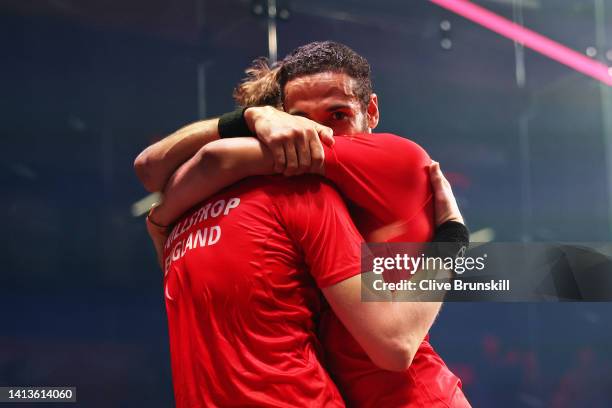 James Willstrop and Declan James of Team England celebrate victory during the Squash Men's Doubles Gold Medal match on day eleven of the Birmingham...